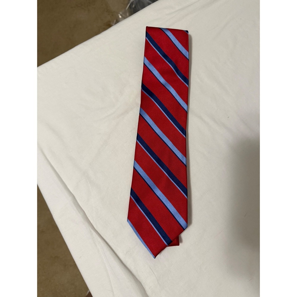 Chaps Mens Red Navy Blue Striped Silk Necktie Classic Repp Stripe Tie